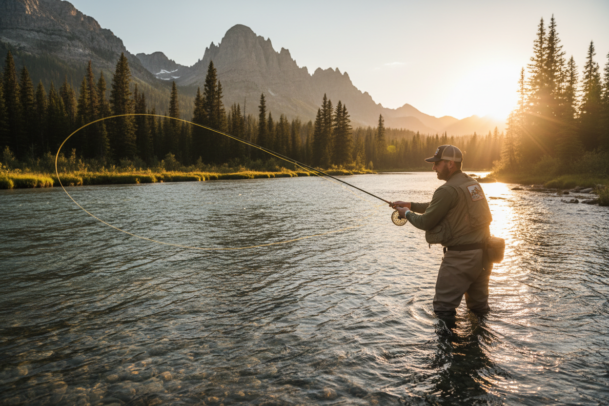 Fly fisherman at golden hour
