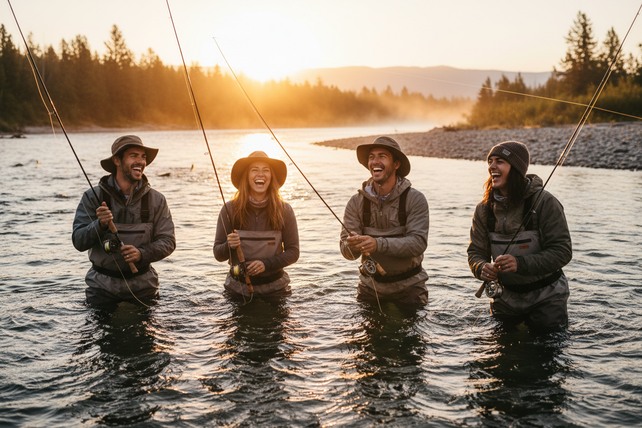 Friends fly fishing at sunrise